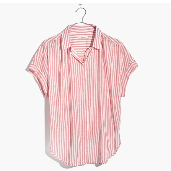 Madewell Central Short-Sleeve Tie-Back Button-Down Shirt In Rose Stripe - Picture 5 of 14